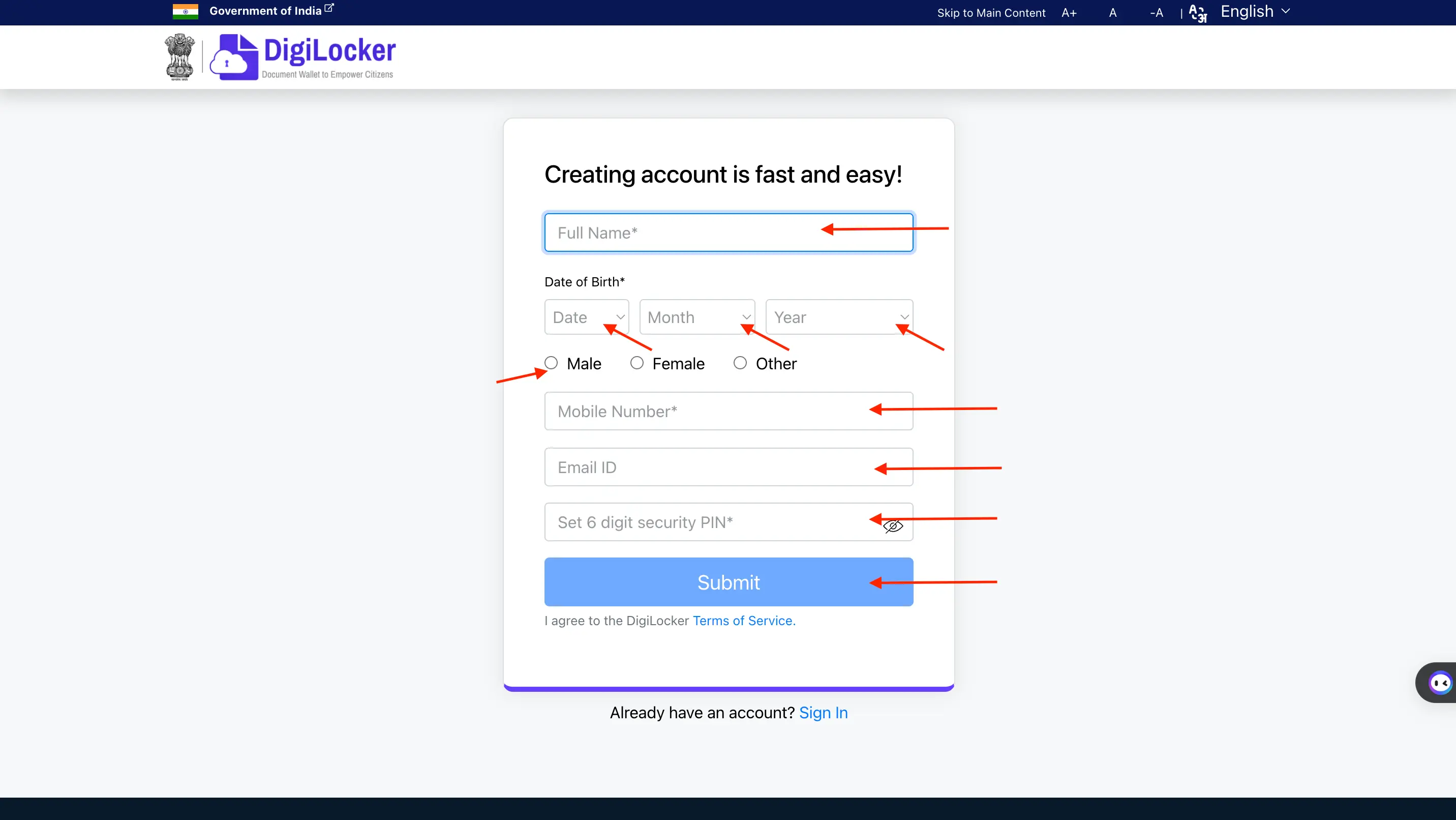 Full Name Input, Date of Birth Input, Gender Selection, Mobile Number Input, Six-Digit Security PIN Input, Email ID Input, Aadhaar Number Input show to create account in DigiLocker