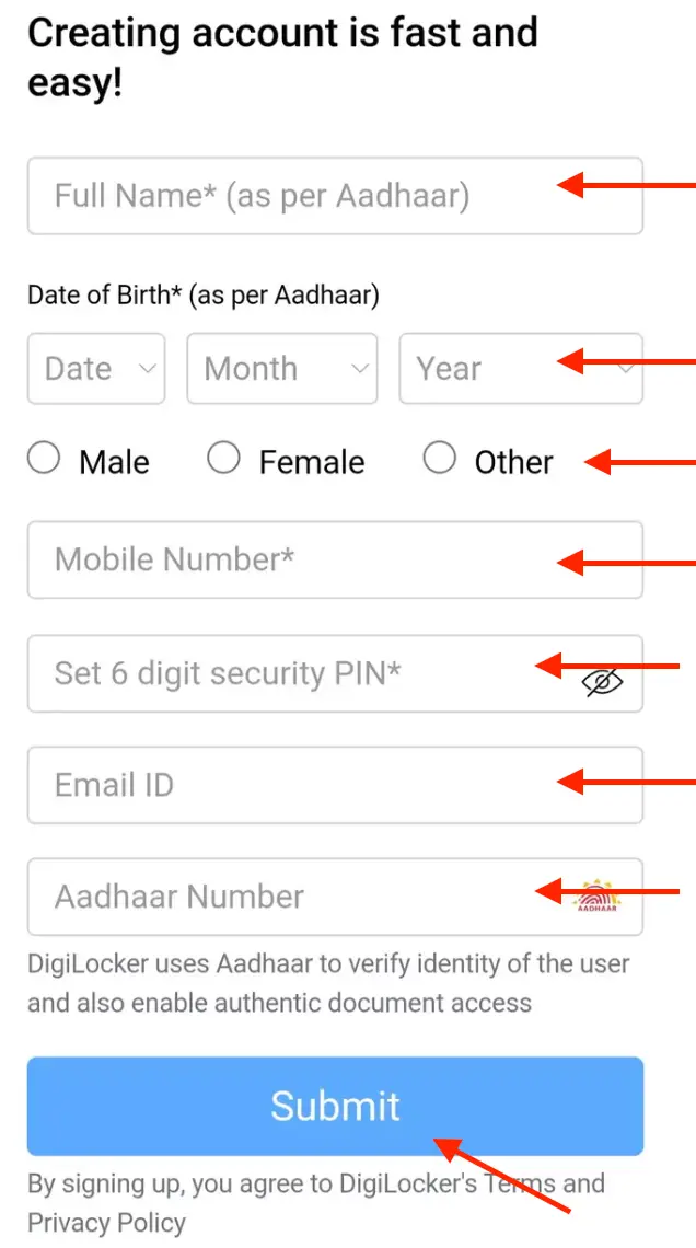 DigiLocker App Input Name, DOB, Mobile, Email, Aadhaar, 6 digit PIN Creation