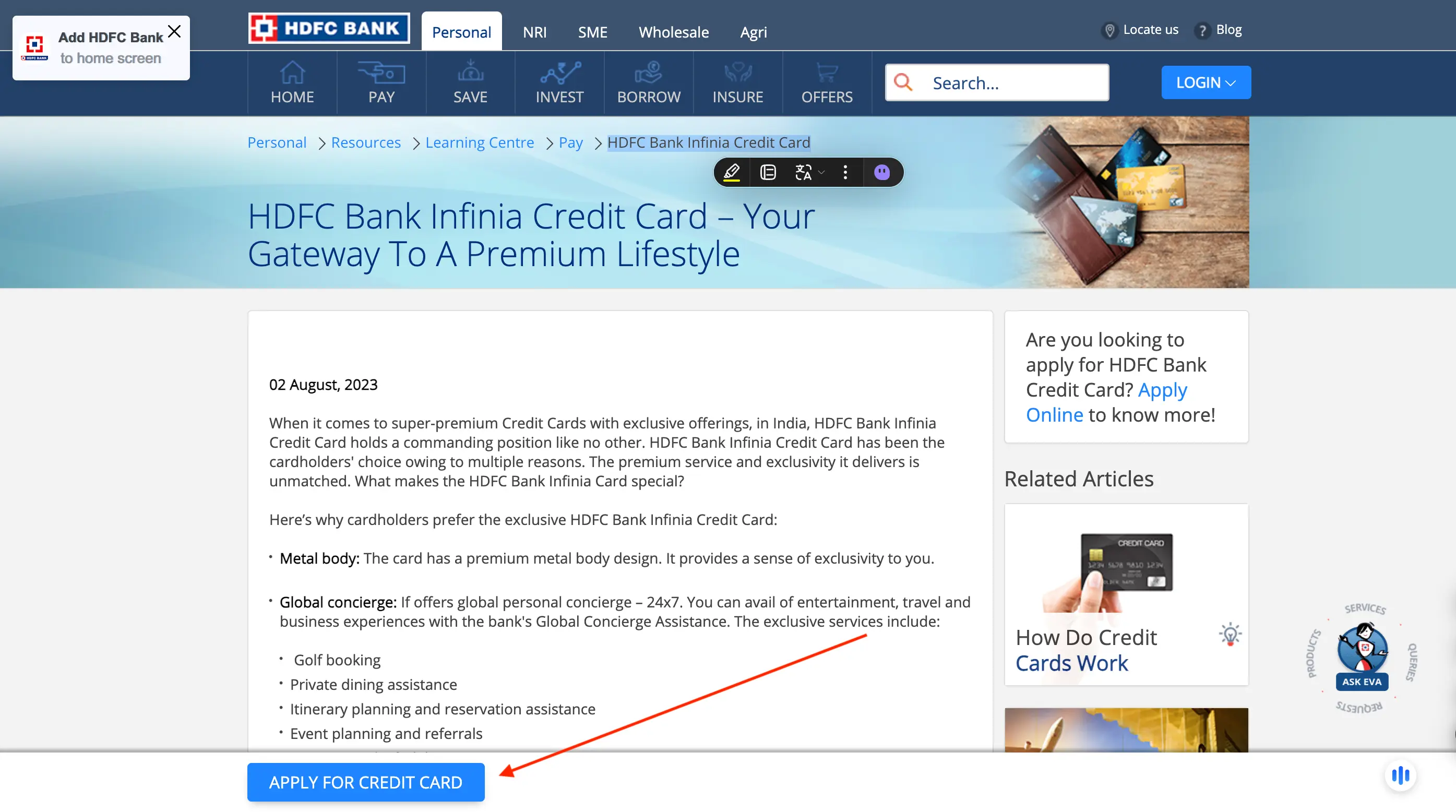 HDFC Bank Apply for Infinia Credit Card