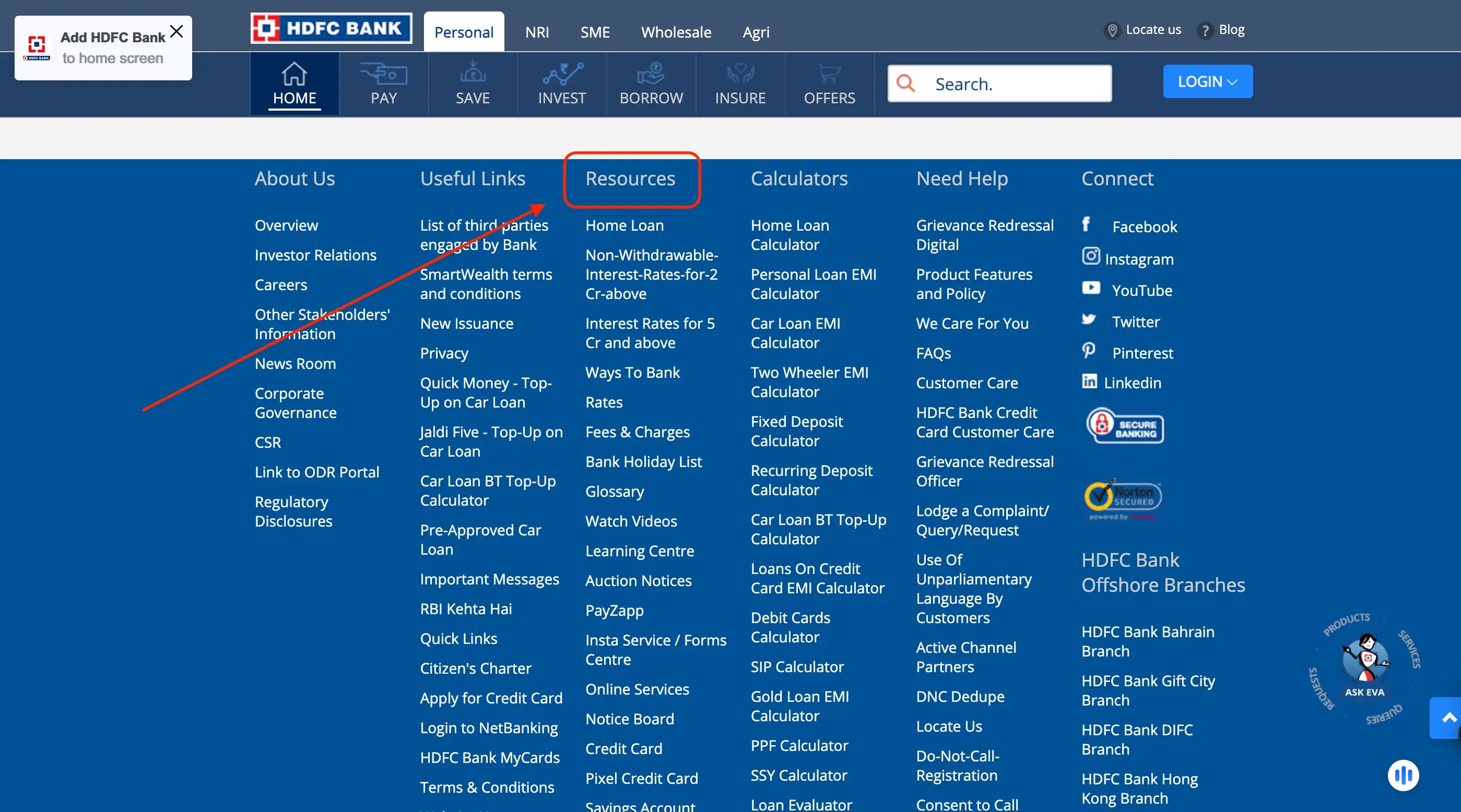 HDFC Bank Official Website Resources in Footer Section