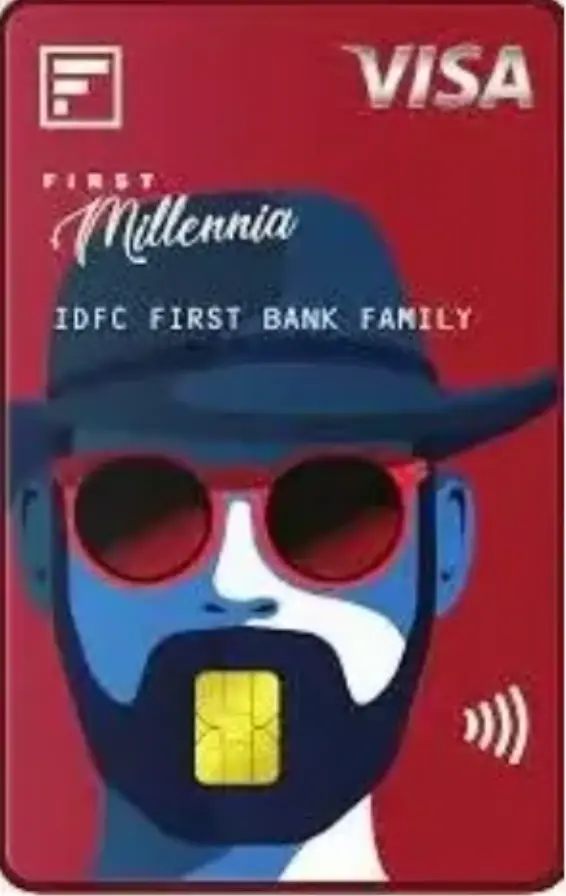 IDFC First Millennia Credit Card design with a vibrant graphic of a man