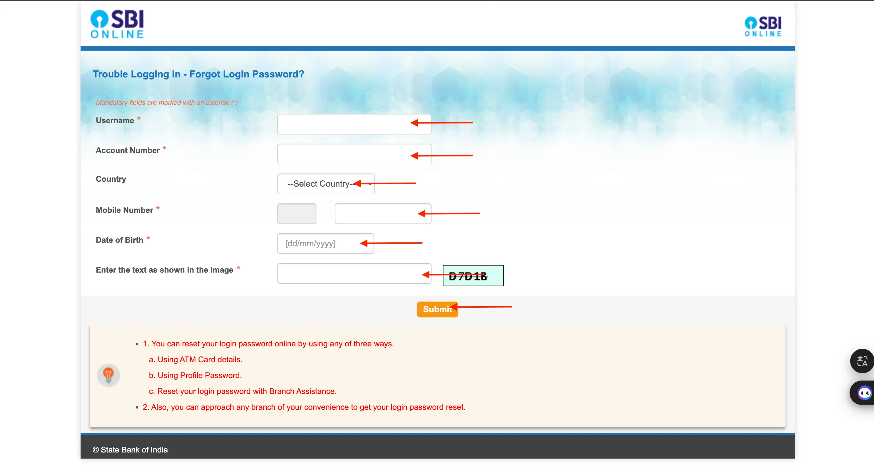 SBI Net Banking login screen with user details form