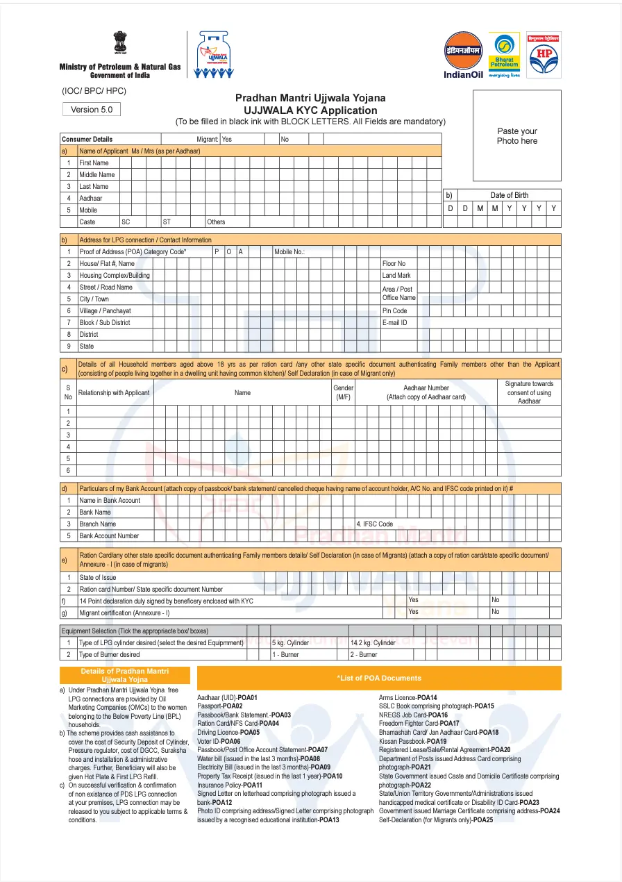 PM Ujjwala Yojana Application Form Sample