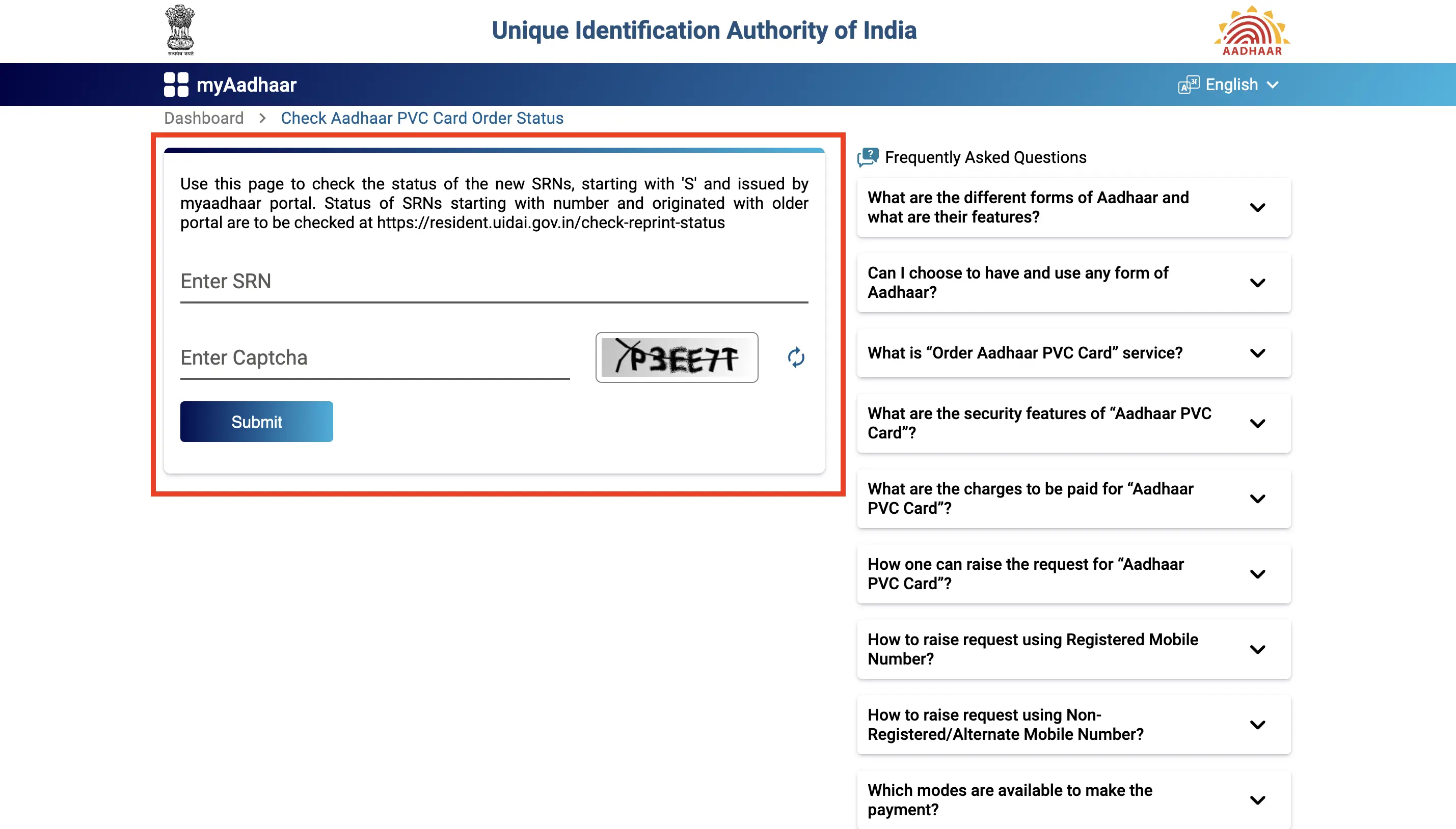PVC Aadhaar Card Order Status Check with SRN Number