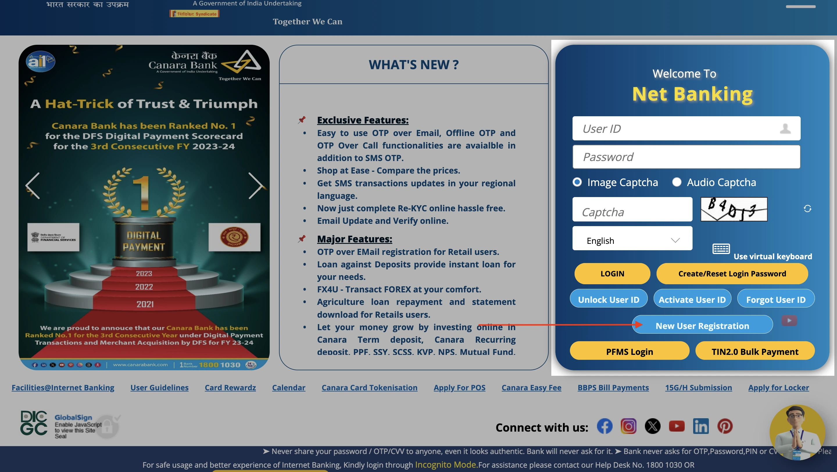 Steps for new user registration and account setup for canara net banking