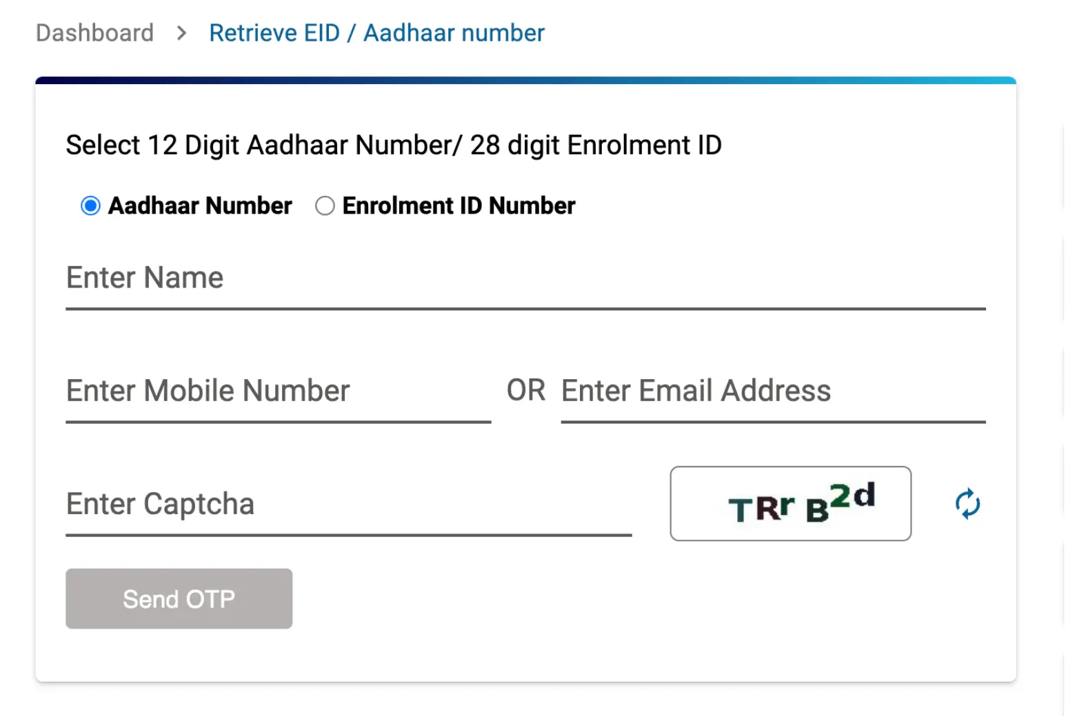 Retrieve Aadhaar Card Online Enter Name, Mobile / Email OTP