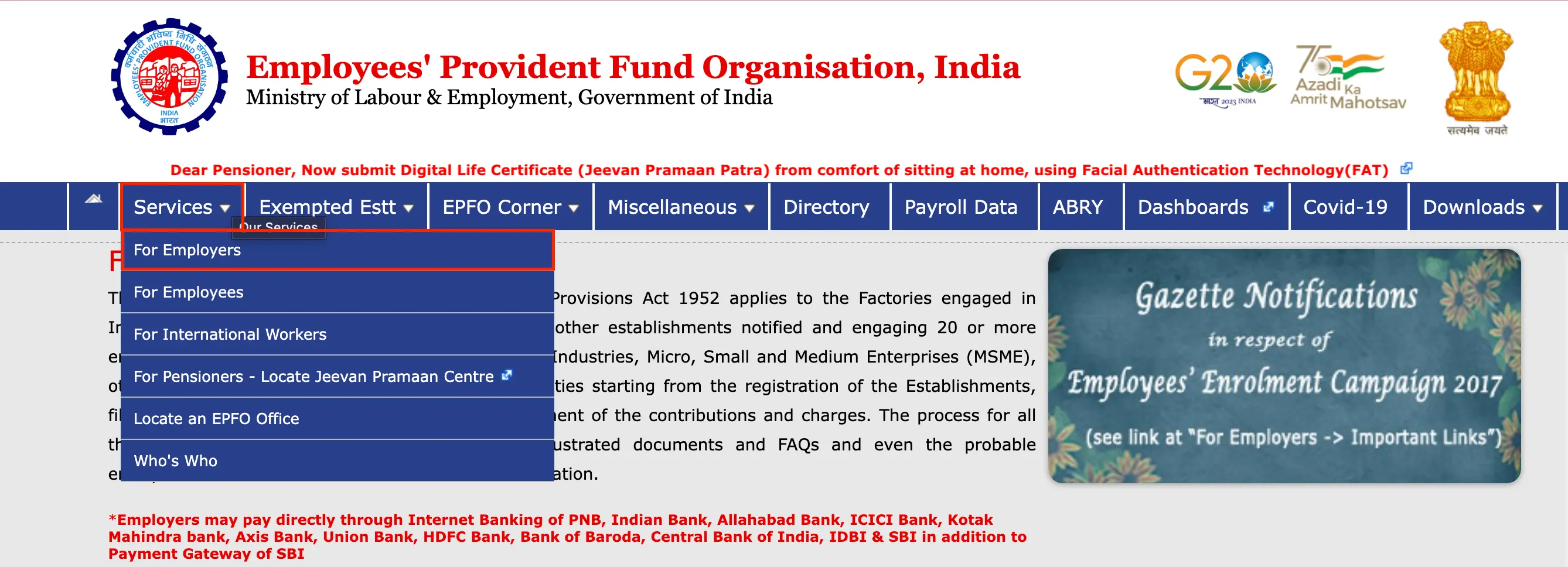 EPFO website services dropdown menu