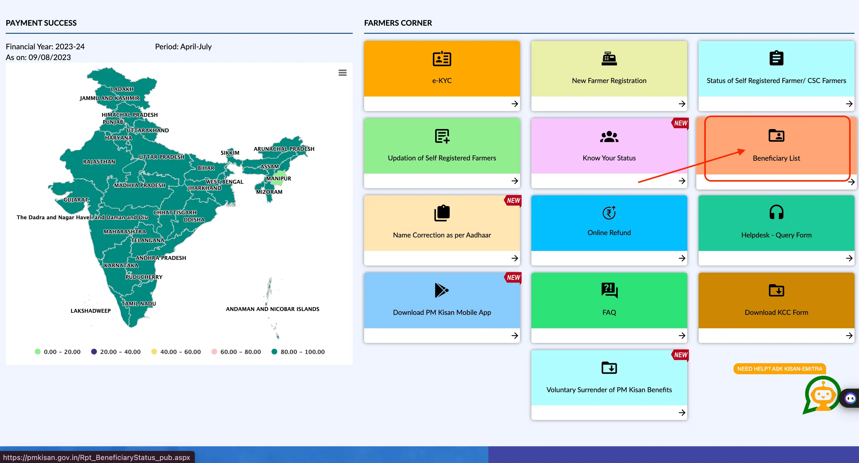 Visit the official website and click on Beneficiary List under Farmer's Corner