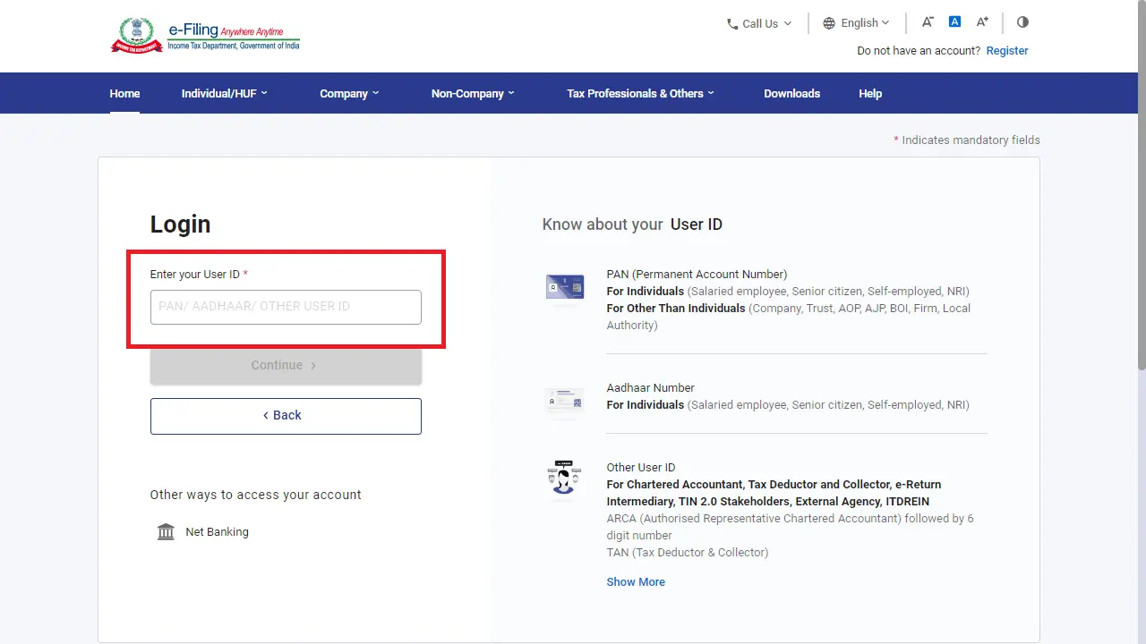 Steps to eFile on Income Tax Department Website