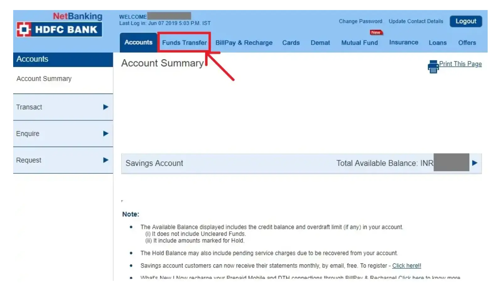 HDFC Net Banking Transfer Steps