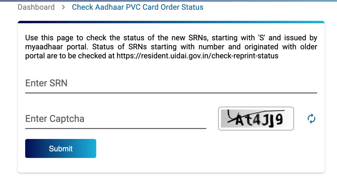 Aadhaar number and SRN for update status check