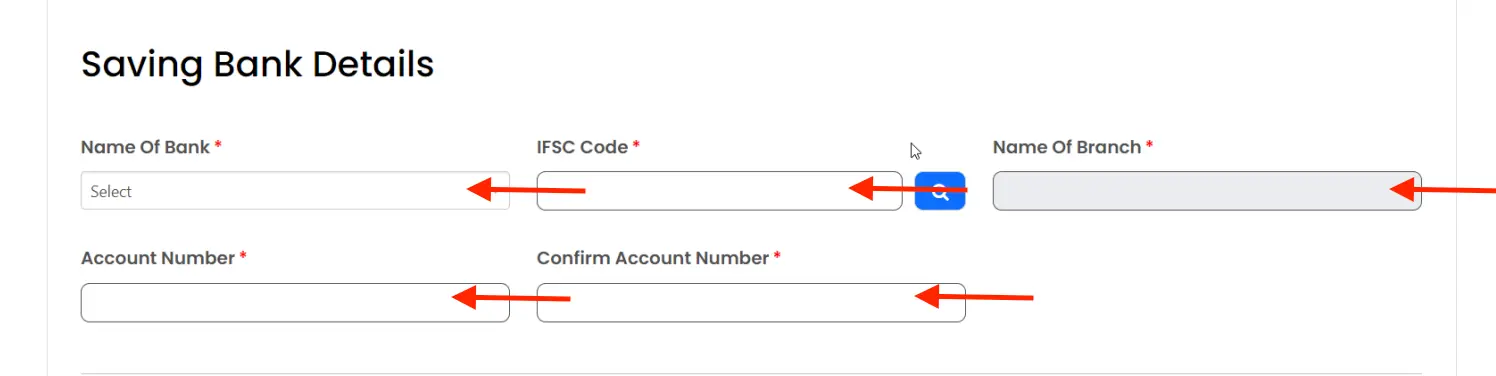 Enter bank account details including IFSC, bank name, and account number