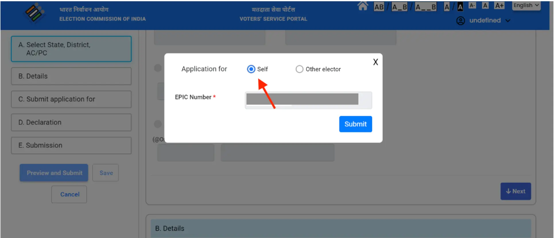 Fill Form 8 on Voter Service Portal online to Change Address on Voter ID